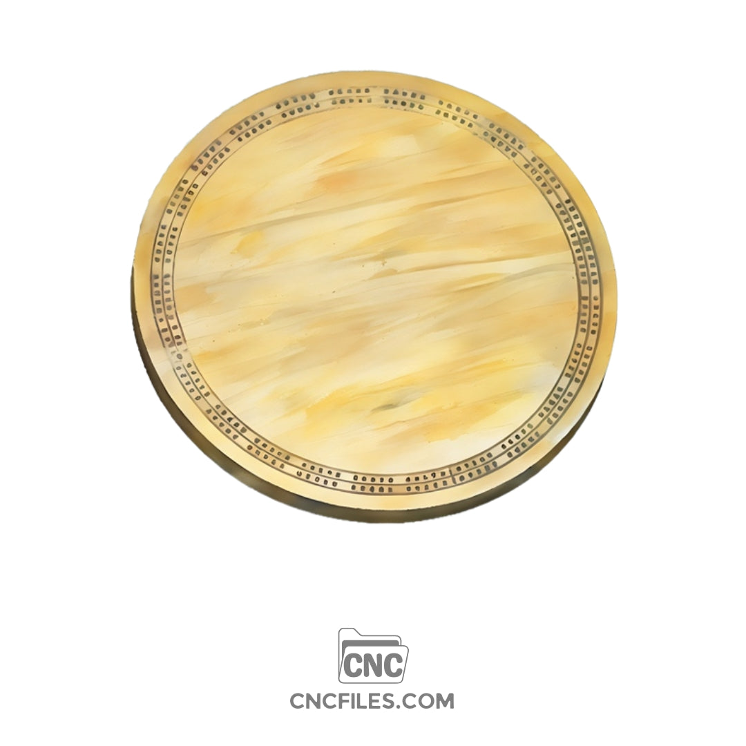An image of a CNC file showing a 2 Person Circle Standard Cribbage Board design with detailed peg holes and smooth circular layout.
