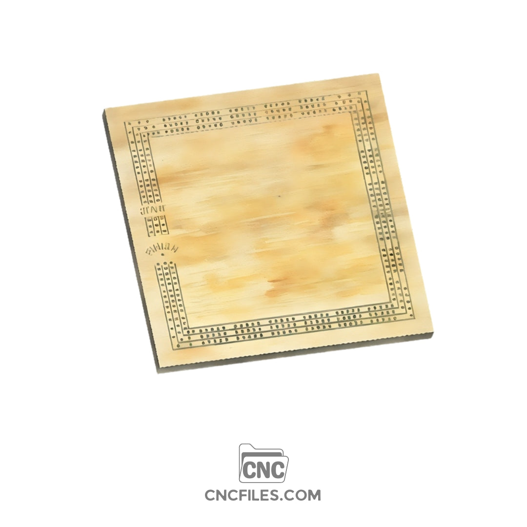 An image of a CNC file showing a 3 Person Square Standard Cribbage Board design with clearly marked peg holes and score tracks.