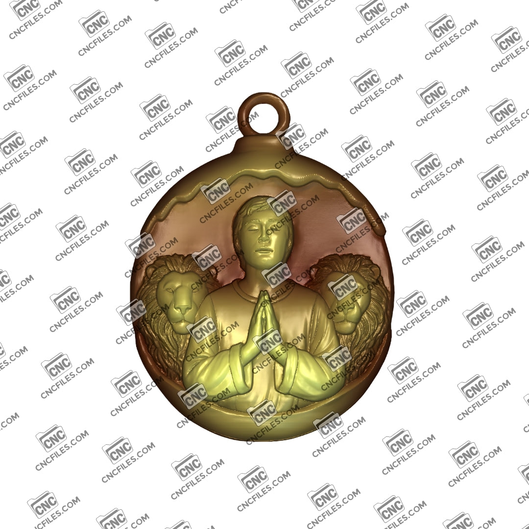 An image of a CNC file showing Daniel in the Lion’s Den as a detailed 3D ornament design, perfect for crafting inspirational décor.