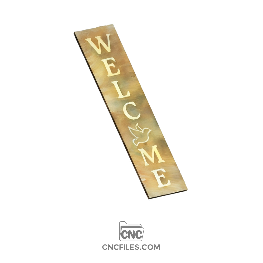 An image of a CNC file showing a Dove Welcome Porch Board design with a dove and the word “Welcome”.