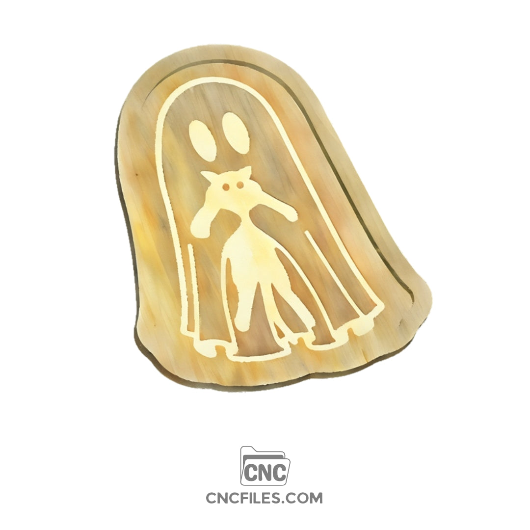 An image of a CNC file showing a Ghost With Cat Halloween Tray featuring a playful ghost and cat design
