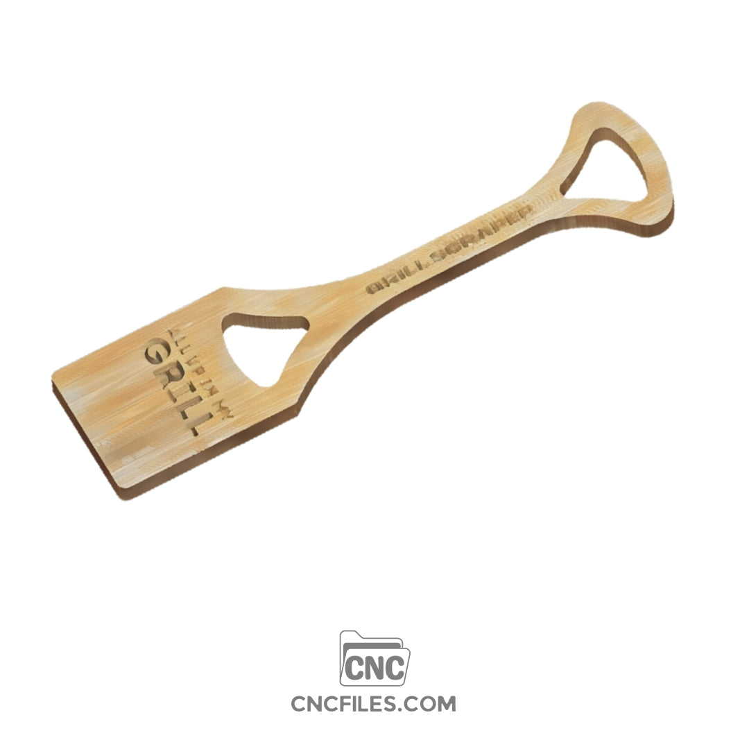 An image of a CNC file showing a "Grill Scraper - All Up In My Grill" design, crafted for easy use in cleaning grill grates.