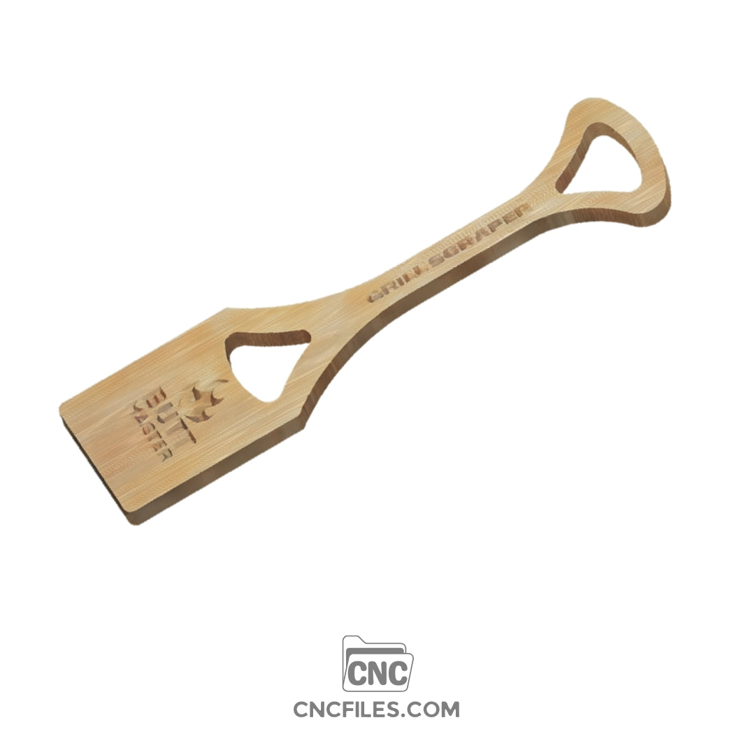 An image of a CNC file showing the Grill Scraper - Butt Master Fire design with a sturdy, ergonomic handle and flame-inspired cutout details.