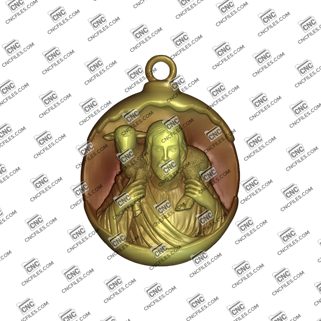 An image of a CNC file showing a “Jesus the Good Shepherd” ornament, beautifully detailed and ready for carving.