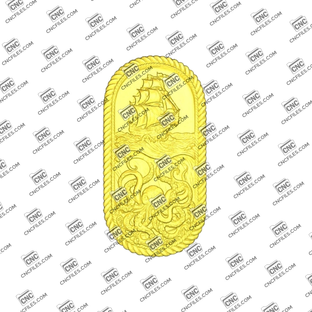 An image of a 3D CNC file showing a detailed Kraken Ship 1 design, perfect for carving dramatic nautical décor or themed woodworking projects.