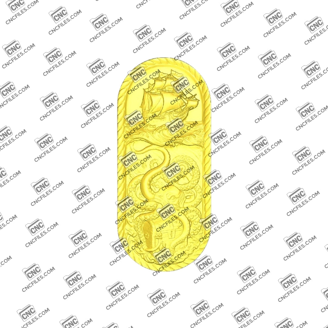 An image of a 3D CNC file showing a detailed Kraken Ship 2 design. This digital model features a ship being captured by a giant kraken, perfect for carving dramatic nautical décor.