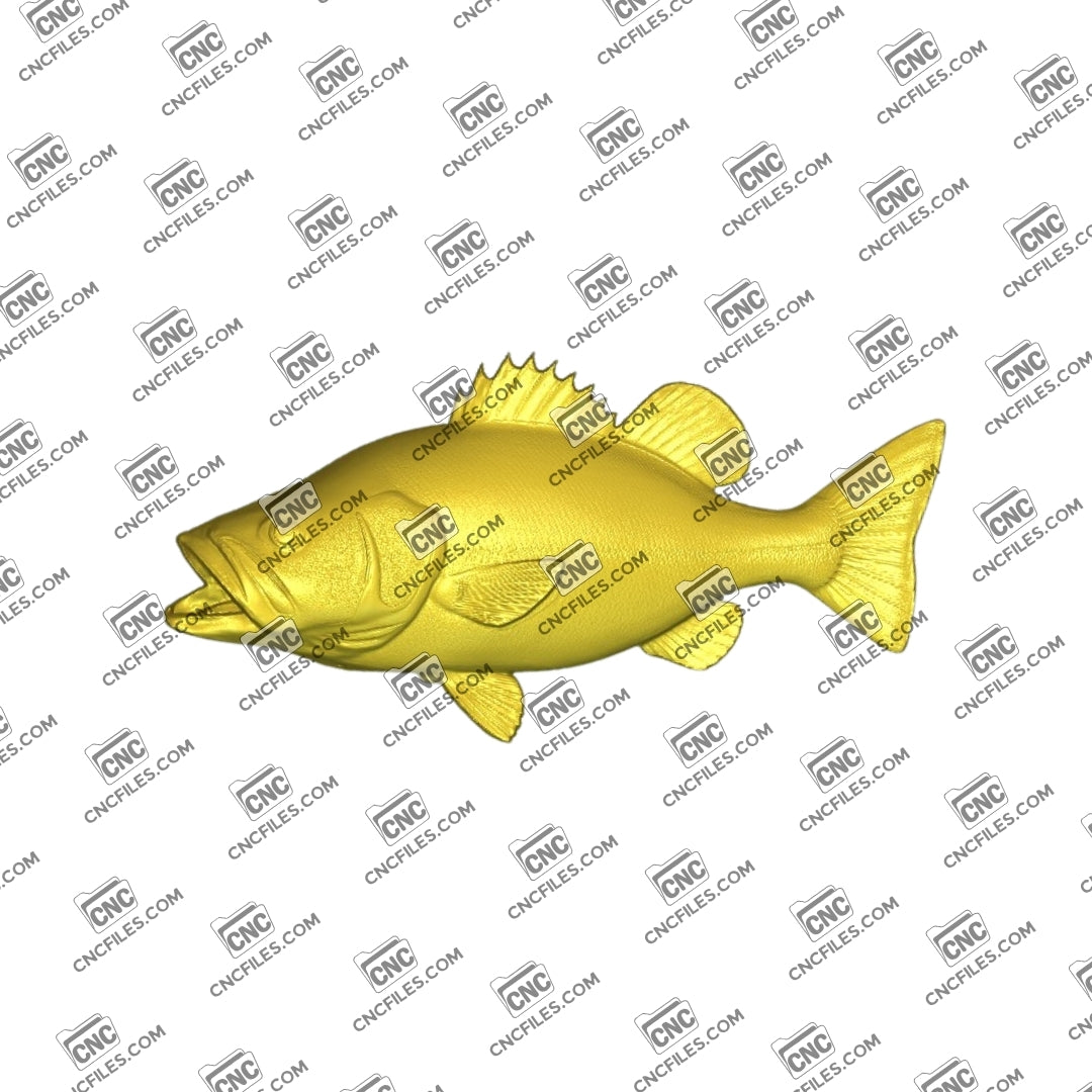 An image of a CNC 3D file showing a detailed Largemouth Bass 1 design. This 3D render of the CNC file shows a clean, ready-to-carve fish model perfect for signs, décor, and woodworking projects.