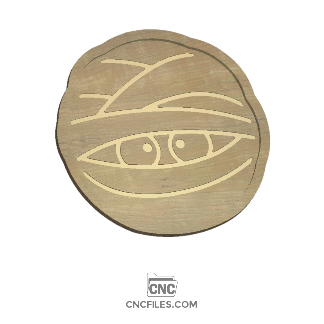 An image of a CNC file showing a Mummy Head design of a bandaged face in circular tray