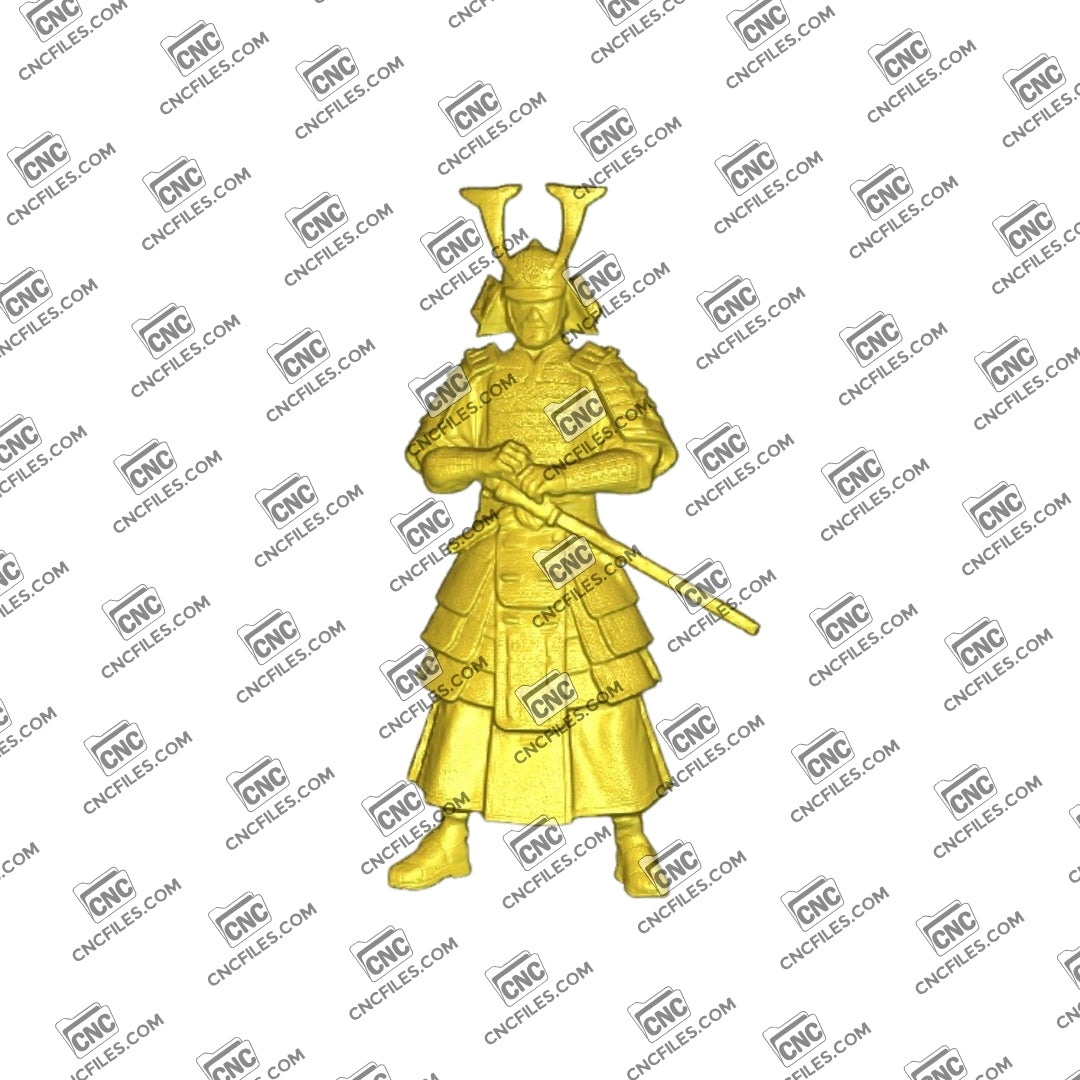 An image of 3D CNC file showing Samurai 1, and 3D render of CNC file showing a detailed samurai design.