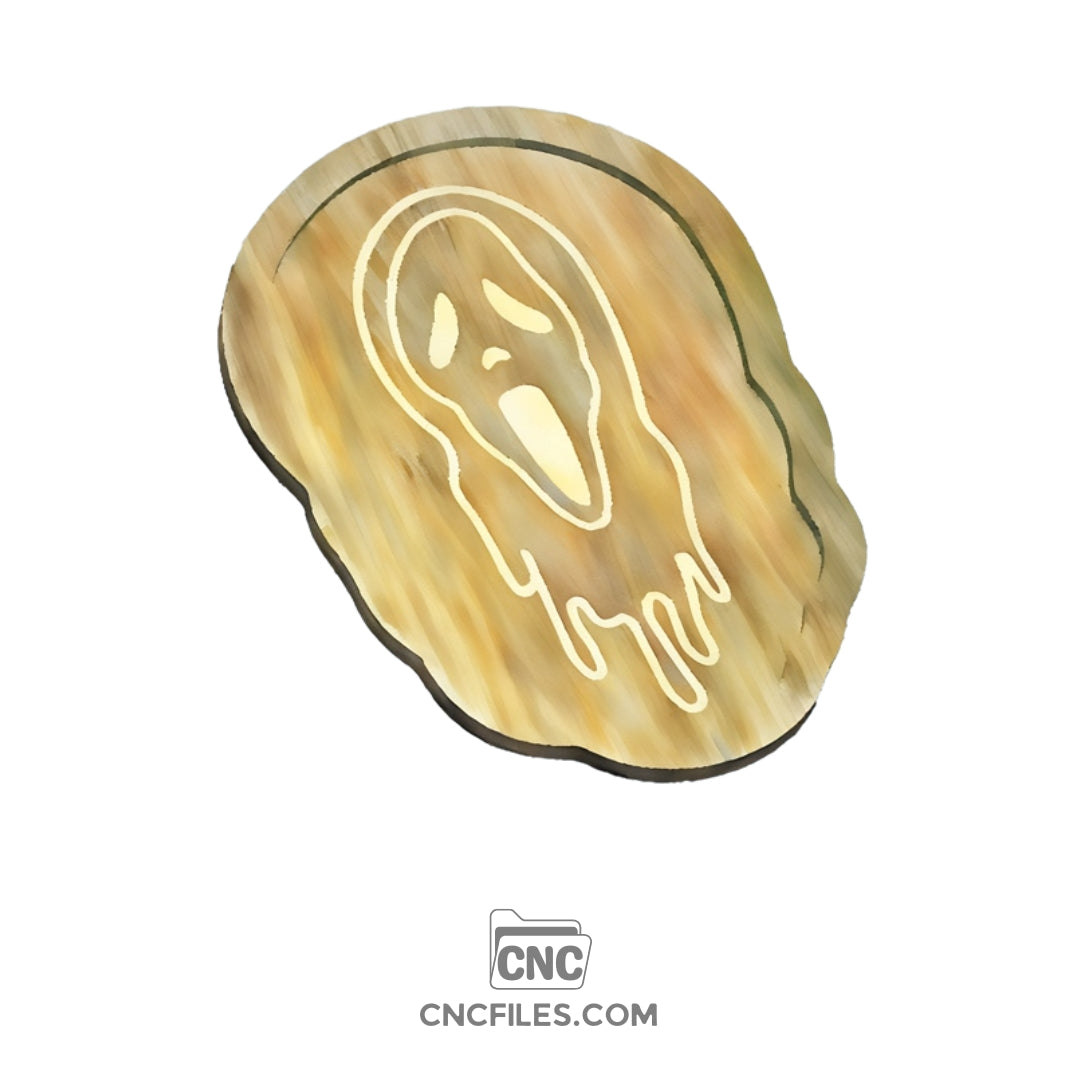 An image of a CNC file showing a Halloween tray design with the Scream mask cutout.