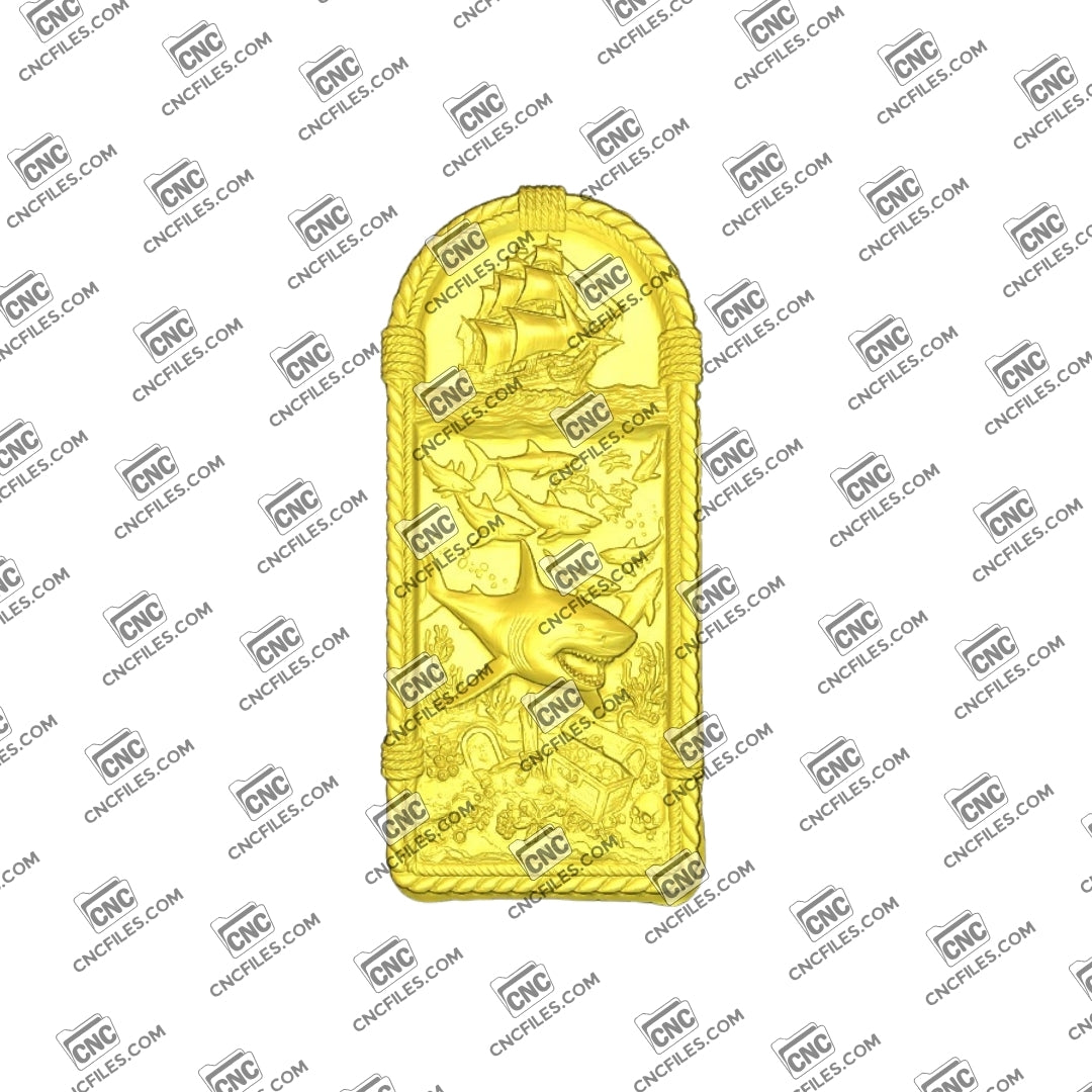 An image of 3D CNC file showing Shark Ship 2 design, showing a detailed shark-themed ship model, perfect for carving or decoration.