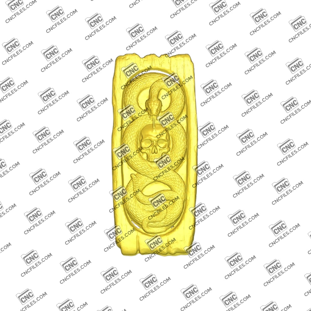 An image of a 3D CNC file showing a Skull Snake 2 design, featuring a detailed skull wrapped by a coiled snake.