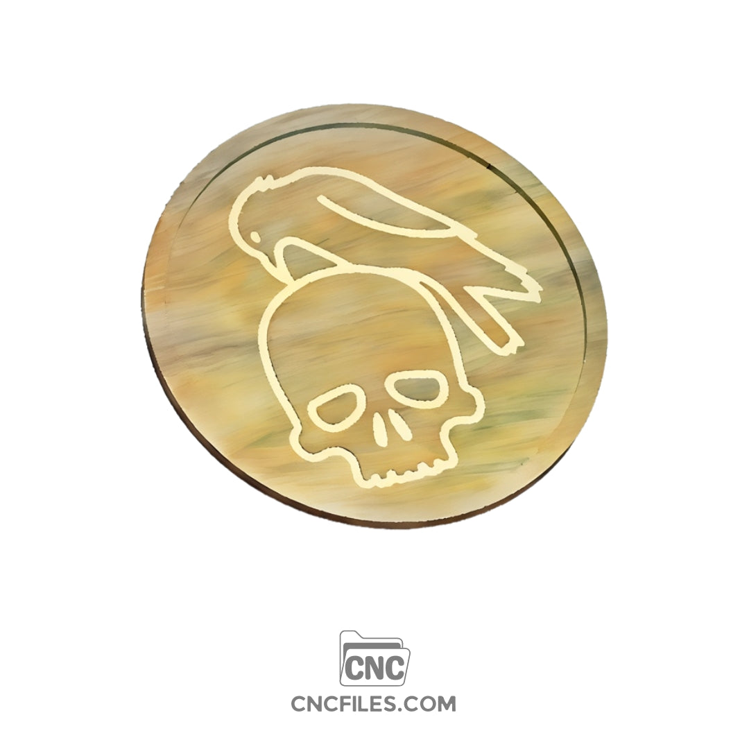 An image of a CNC file showing a Skull and Crow Halloween Tray design with detailed carved patterns.