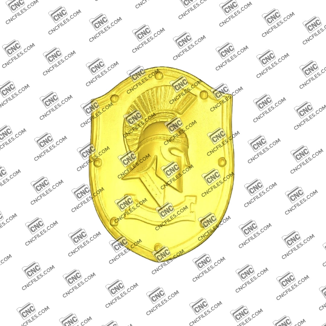 An image of 3D CNC file showing Spartan Shield 1. 3D render of CNC file showing a detailed Spartan shield design, perfect for woodworking or custom decor projects.