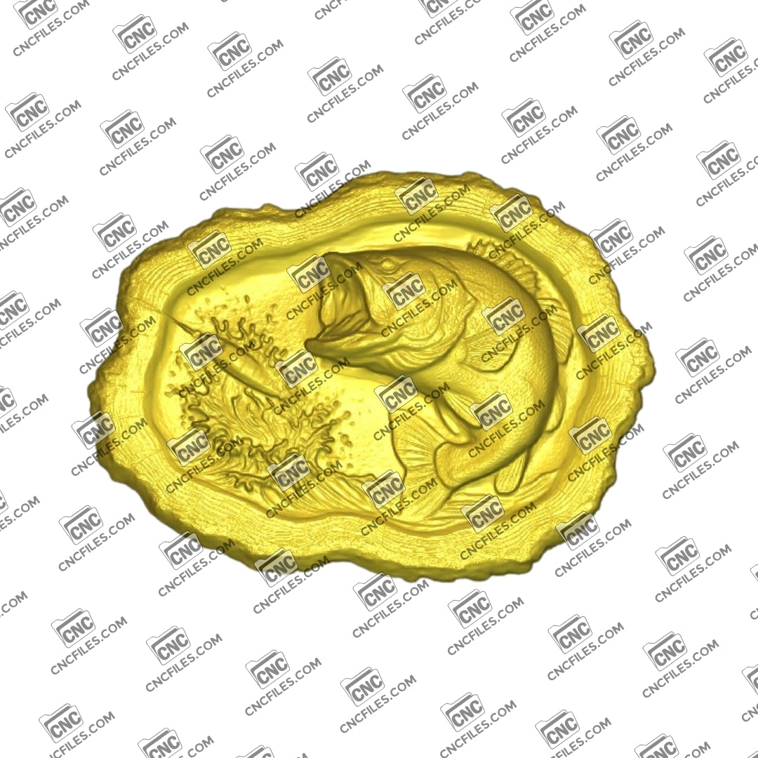 An image of 3D CNC file showing Stump Bass 8, 3D render of CNC file showing a detailed bass fish design, perfect for woodworking or custom decor projects.