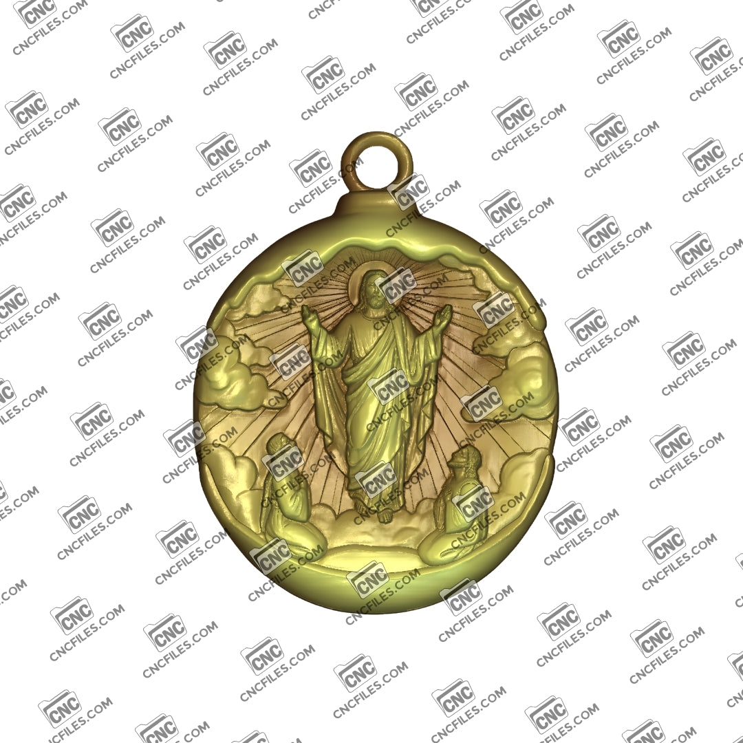 An image of a CNC file showing The Ascension of Jesus Ornament and 3D render of CNC file showing a detailed depiction of Jesus rising with disciples below.