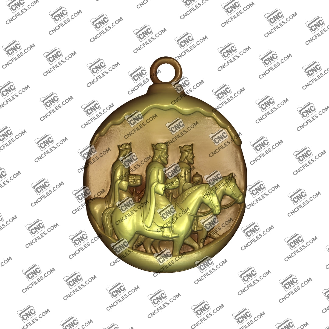 An image of a CNC file showing a Three Wise Men Ornament 2 with detailed figures and festive design.