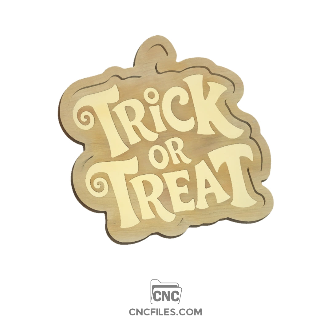 A CNC file of a a tray with "Trick or Treat" engraved in the base