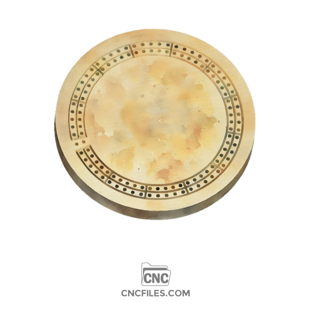 An image of a CNC file showing a 2 Person Circle Travel Cribbage Board with circular design and peg holes, ideal for compact and portable gameplay.