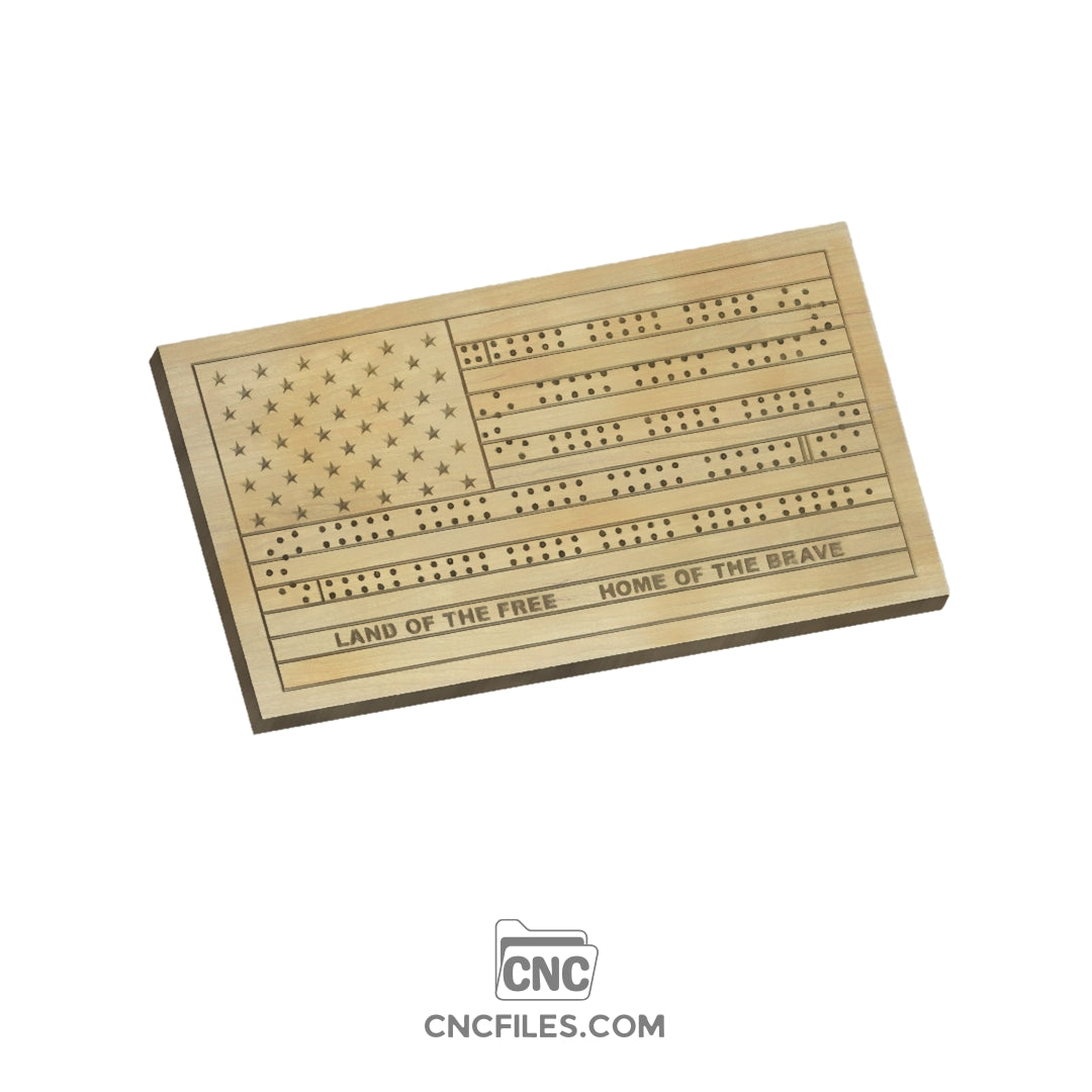 An image of a CNC file showing a 2 Person Flag Standard Cribbage Board with engraved scoring tracks and flag design details.