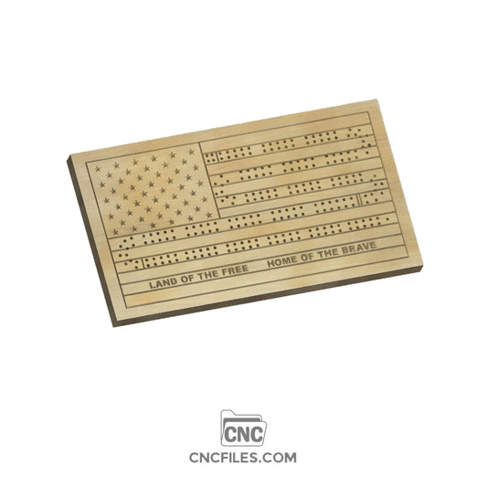 An image of a CNC file showing a 2 Person Flag Standard Cribbage Board with engraved scoring tracks and flag design details.