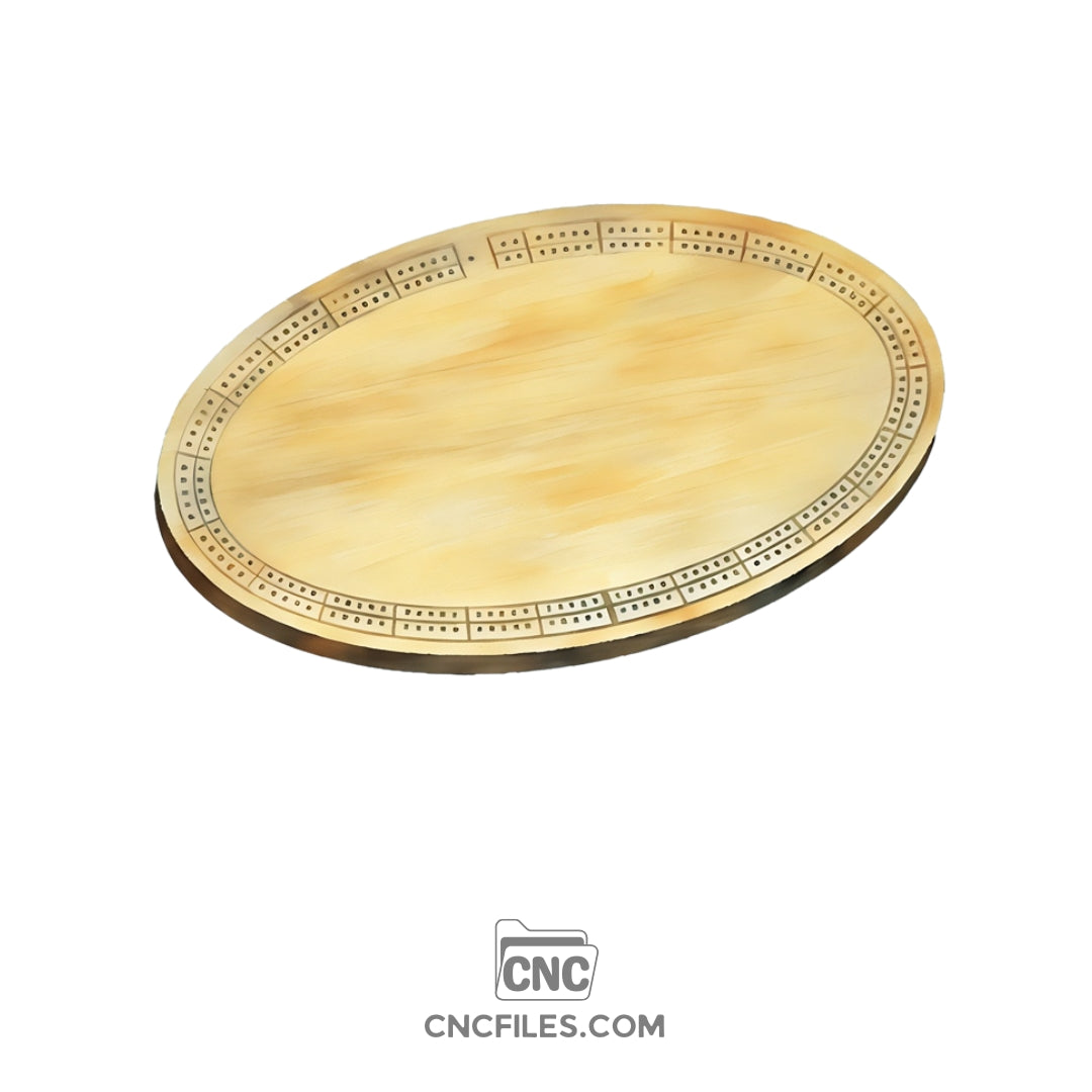 An image of a CNC file showing a 2 Person Oval Cribbage Board with peg holes and smooth oval edges.