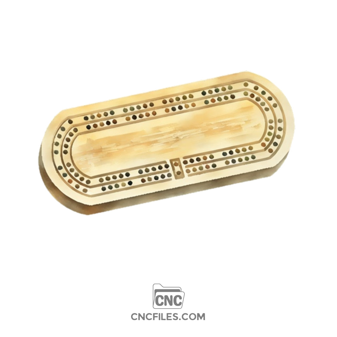 An image of a CNC file showing a 2 Person Oval Travel Cribbage Board design with evenly spaced peg holes.