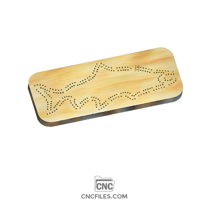 An image of a CNC file showing a 2 Person Salmon Cribbage Board with detailed salmon design and cribbage holes for scoring.
