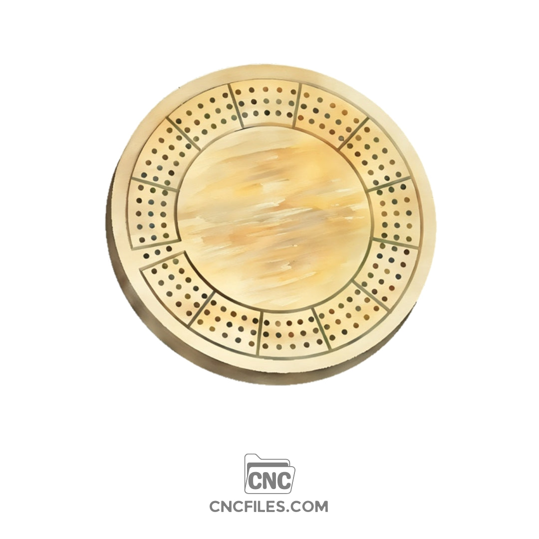 An image of a CNC file showing a 3 Person Circle Travel Cribbage Board design with circular layout.