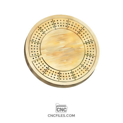 An image of a CNC file showing a 3 Person Circle Travel Cribbage Board design with circular layout.