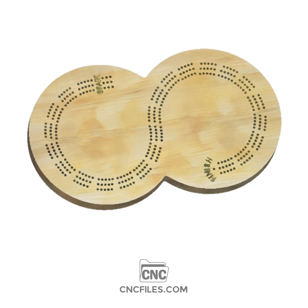 An image of a CNC file showing a 3 Person Figure 8 Cribbage Board design with three tracks and peg holes arranged in a figure-eight shape.