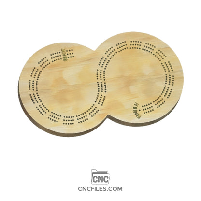 An image of a CNC file showing a 3 Person Figure 8 Cribbage Board design with three tracks and peg holes arranged in a figure-eight shape.