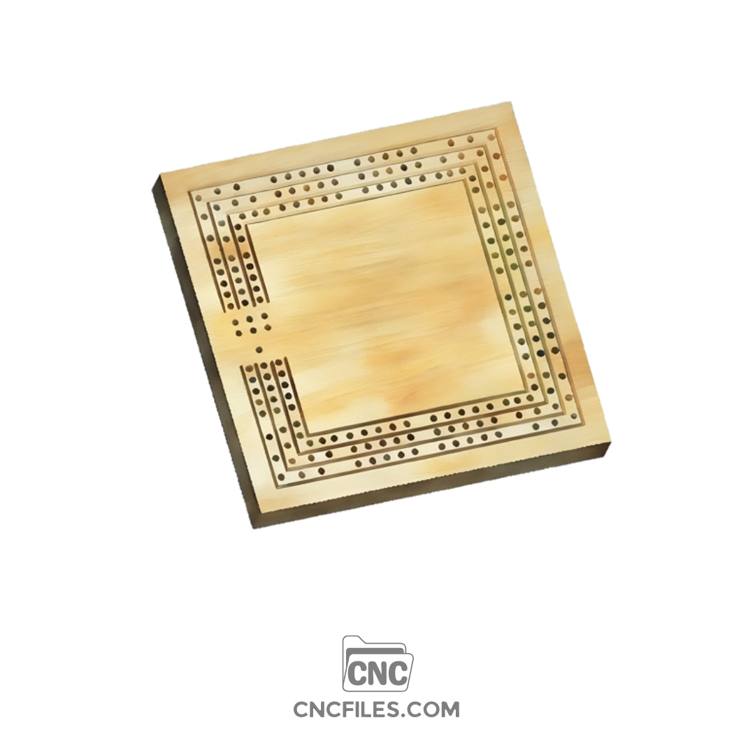 An image of a CNC file showing a 3 Person Square Travel Cribbage Board with neatly arranged peg holes and score tracks.