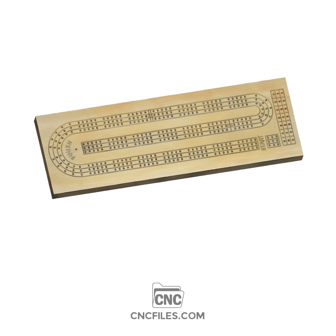 An image of a CNC file showing a 3 Person Standard Cribbage Board with three tracks and evenly spaced holes.