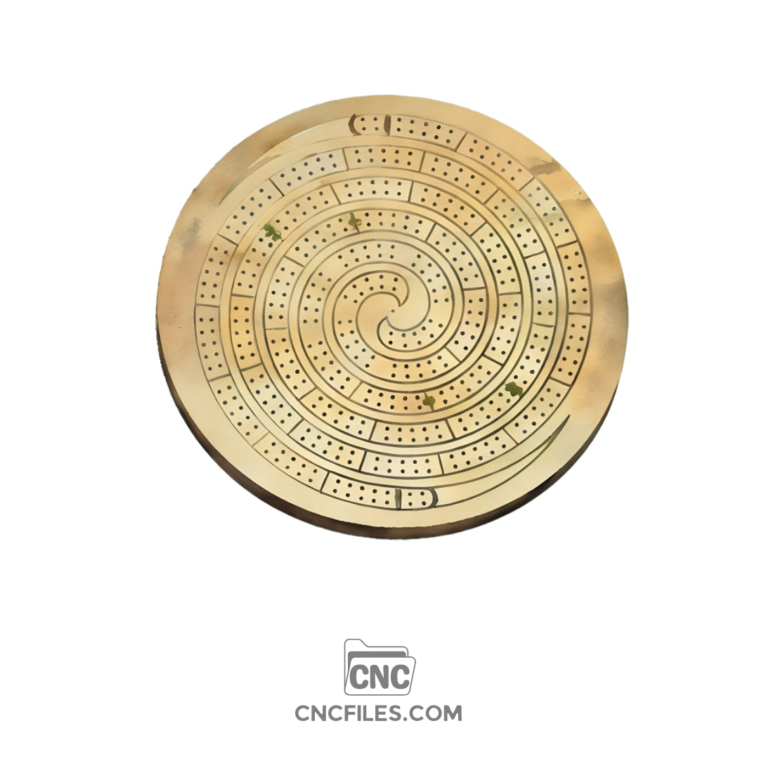An image of a CNC file showing a Spiral Standard Cribbage Board with evenly spaced peg holes arranged in a spiral pattern.