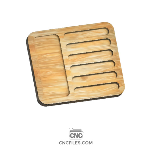CNC file for wooden tray with 6 pockets for storing knifes and a large catchall pocket cut out 