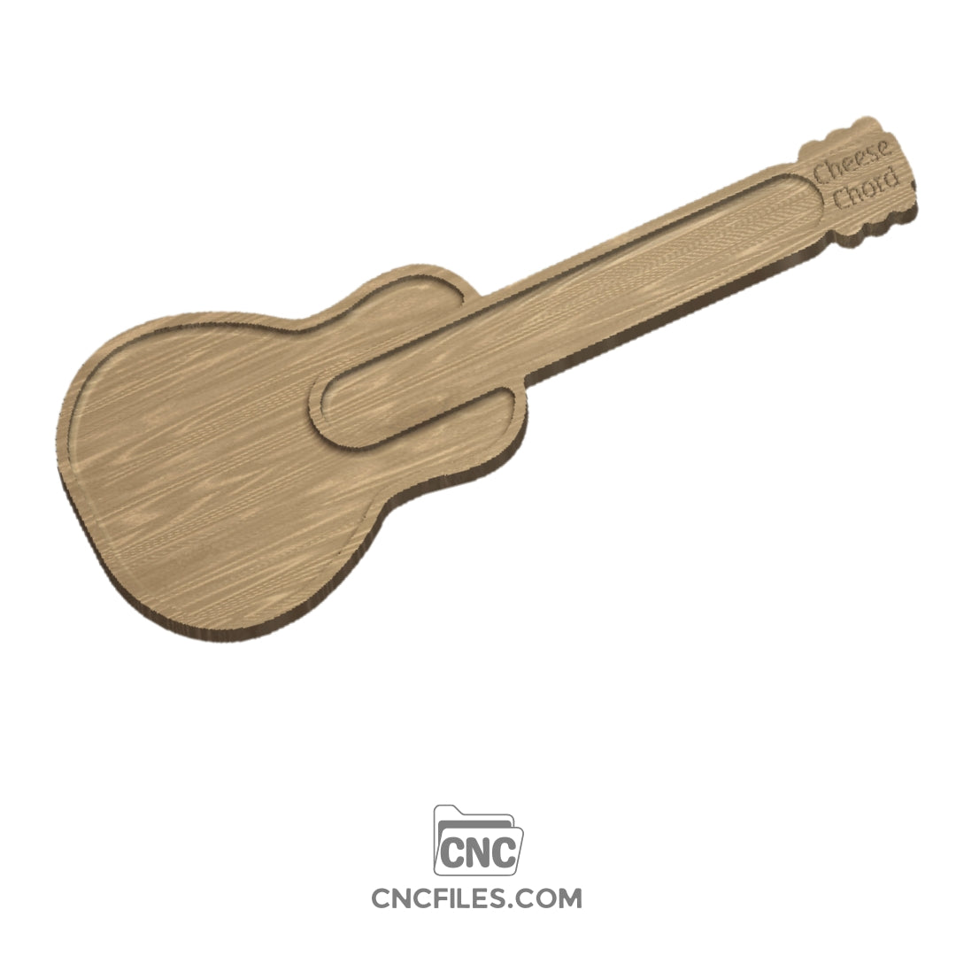 CNC file for Acoustic guitar-shaped wooden cheese board with engraved chord chart design, perfect for serving cheese, snacks, and entertaining music lovers.