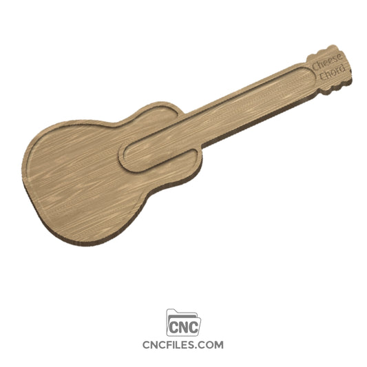 CNC file for Acoustic guitar-shaped wooden cheese board with engraved chord chart design, perfect for serving cheese, snacks, and entertaining music lovers.