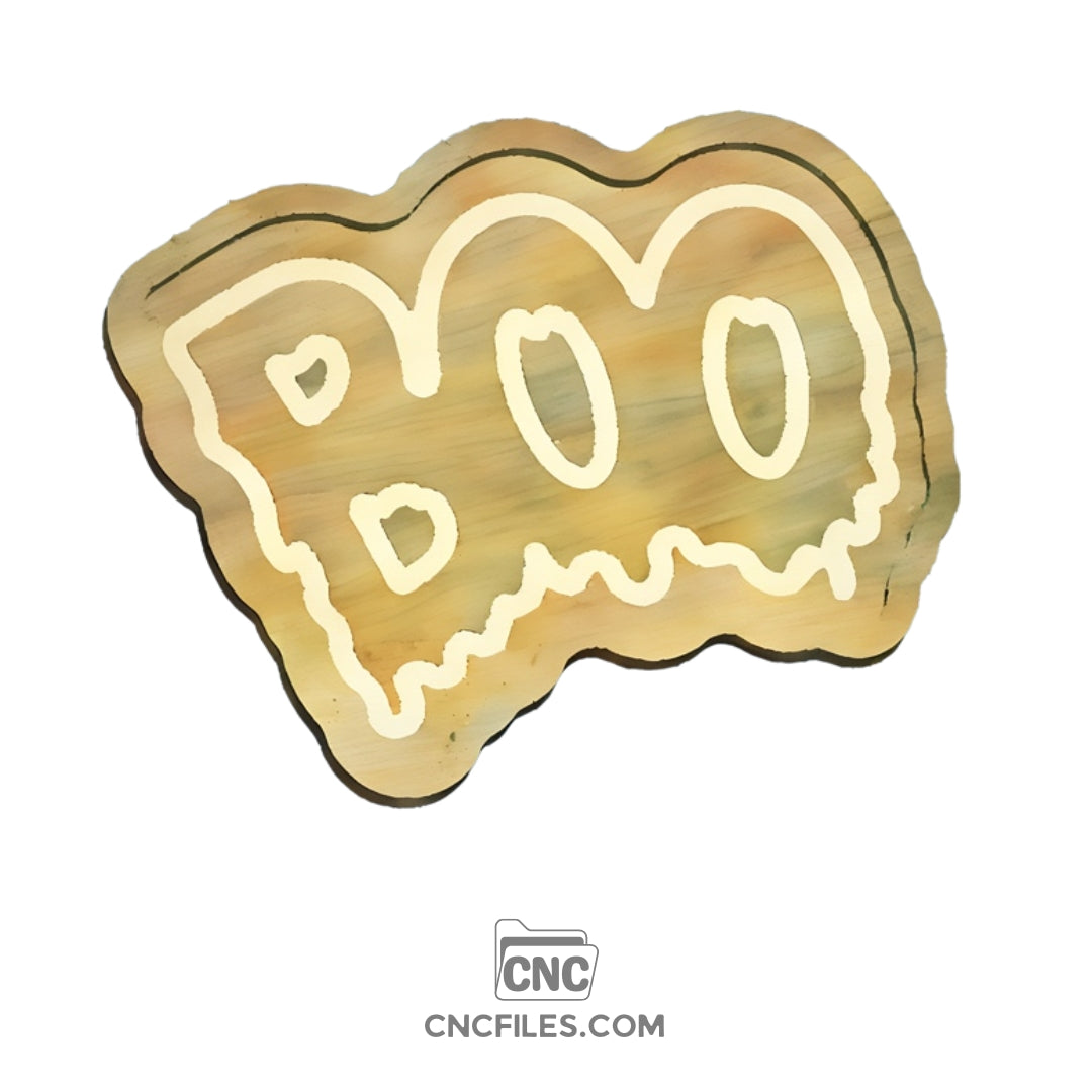 CNC file of wooden Halloween tray with the word "BOO" carved in bold letters, perfect for spooky season serving or festive home décor.