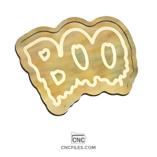 CNC file of wooden Halloween tray with the word "BOO" carved in bold letters, perfect for spooky season serving or festive home décor.