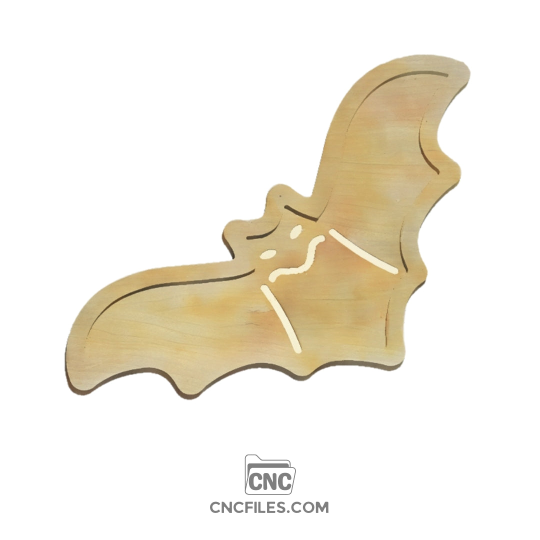 CNC file of bat-shaped tray with a bat details engraved on the base. 