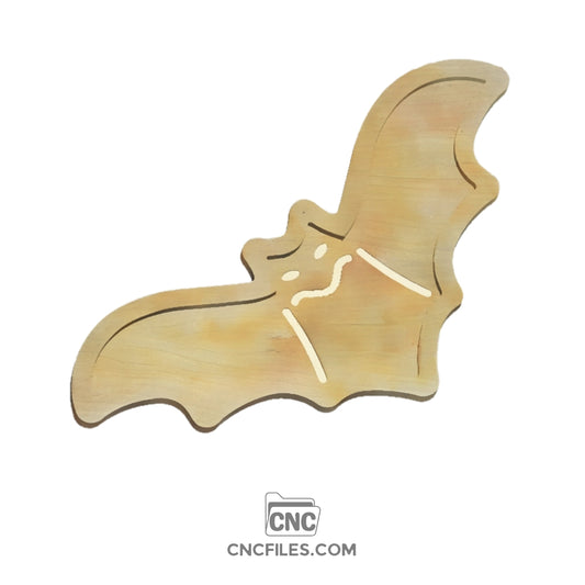 CNC file of bat-shaped tray with a bat details engraved on the base. 