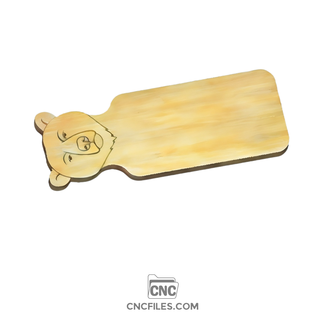 An image of a CNC file showing a bear head shaped cheese board, designed for cutting and engraving wood.