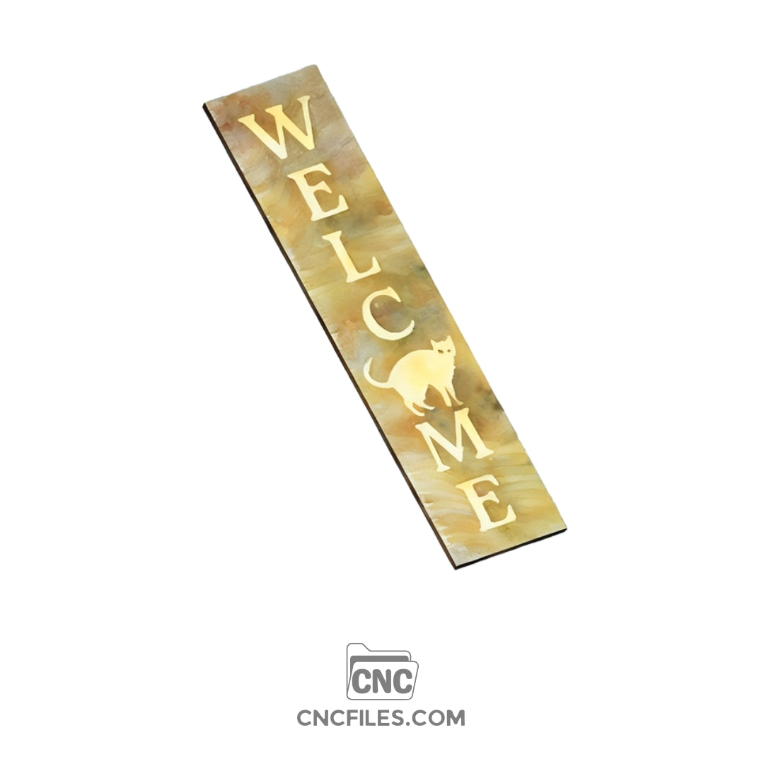 An image of a CNC file showing a Black Cat Welcome Porch Board design with a standing cat silhouette.