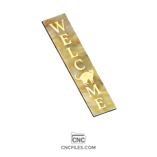 An image of a CNC file showing a Black Cat Welcome Porch Board design with a standing cat silhouette.