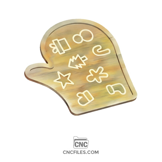 An image of a CNC file showing a cartoon Christmas cookies tray shaped like a mitten.