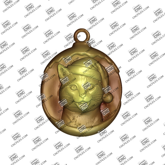 An image of a CNC file showing a cute cat wearing a Santa hat a 3D render of CNC file showing a detailed and festive ornament ready for carving or display.