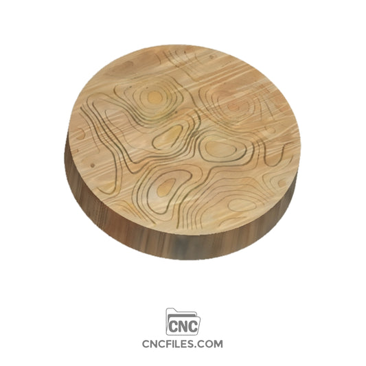 CNC file of Circular wooden topo drink coaster featuring engraved topographic design, perfect for protecting surfaces with a stylish touch.