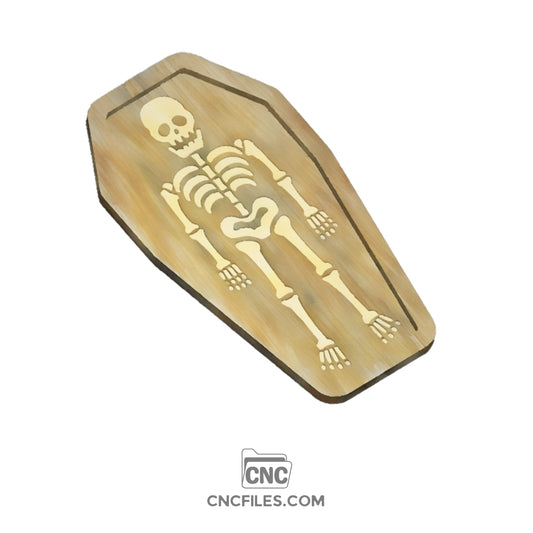 CNC file of Wooden coffin-shaped Halloween tray, with a skeleton engraved on the inside 