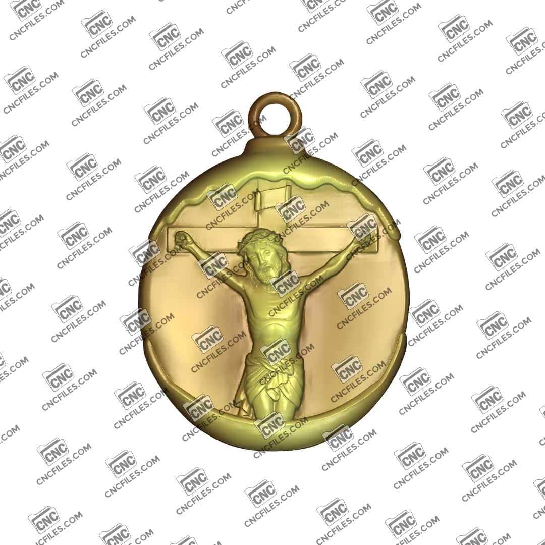 An image of a CNC file showing the Crucifixion of Jesus Ornament with detailed 3D relief carving, designed for easy cutting and clean results.